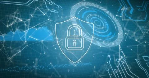 Image of connections, data and digital shield with padlock on blue background Stock Illustration