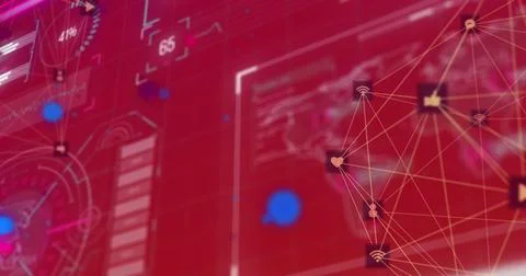 Image of connections, data, blue and pink dots on red background Stock Photos