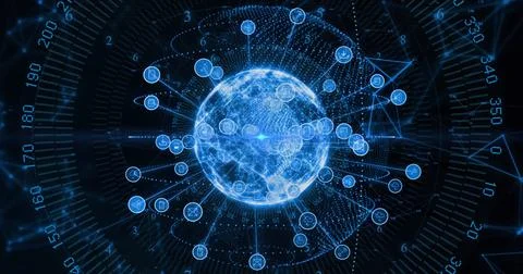 Image of connections, digital data processing over globe Foto stock