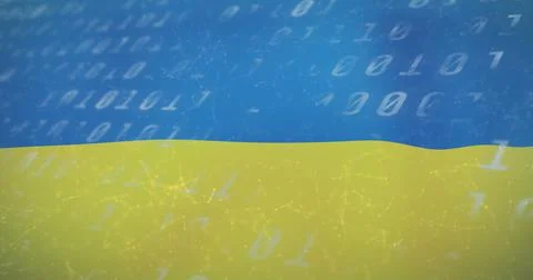 Image of connections with icons and binary code over flag of ukraine Stock Illustration