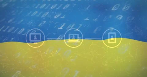 Image of connections with icons and binary code over flag of ukraine Stock Illustration