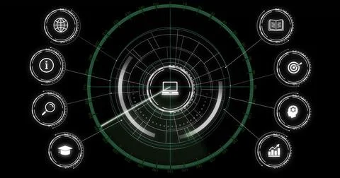 Image of connections with icons and data processing over scope scanning on black 스톡 일러스트