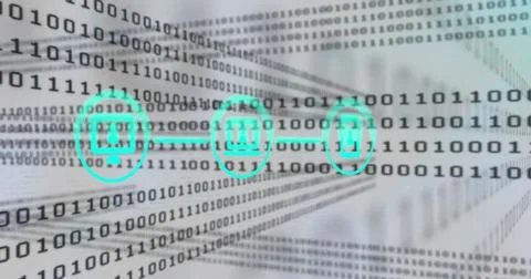Image of connections with icons, digital data processing over binary coding 스톡 일러스트