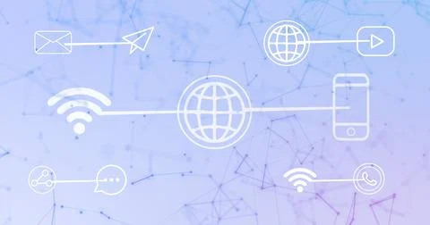 Image of connections with tech icons on light violet background Stock Illustration