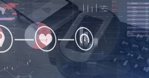 Image of connections with tech icons over diverse financial data and payment Stock Photos