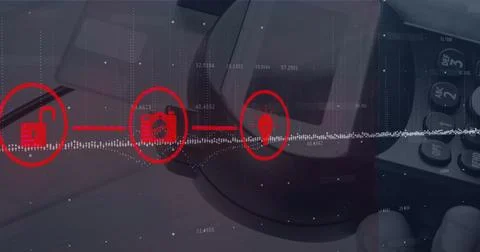 Image of connections with tech icons over diverse financial data and payment Stock Photos