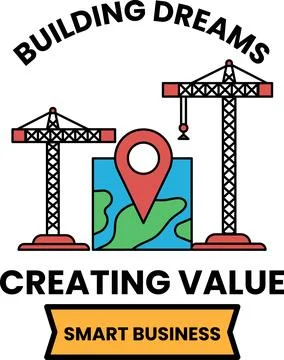 The image is of a construction site with cranes and a map Stock Illustration