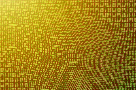 An image of a corrupted and distorted binary code made up of a set of green d 写真素材