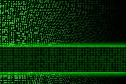 An image of a corrupted and distorted binary code made up of a set of green d 스톡 사진