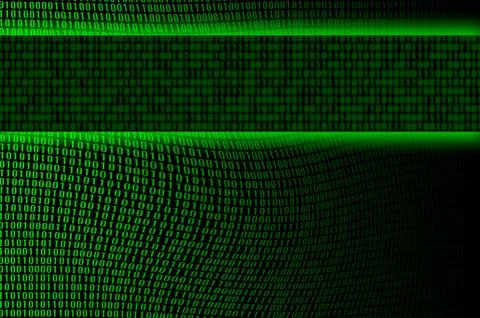 An image of a corrupted and distorted binary code made up of a set of green d Stock Photos