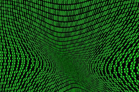 An image of a corrupted and distorted binary code made up of a set of green d Foto stock