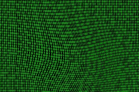 An image of a corrupted and distorted binary code made up of a set of green d 库存照片