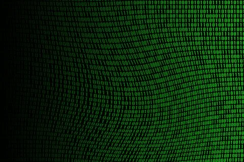 An image of a corrupted and distorted binary code made up of a set of green d 库存照片
