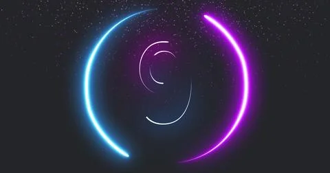 Image of countdown with neon circle and neon light trails on black background Foto stock
