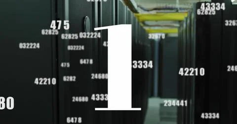 Image of countdown over multiple changing numbers against computer server room Stock Photos