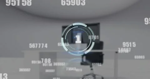 Image of countdown over round scanner and multiple changing numbers against Stock-Fotos