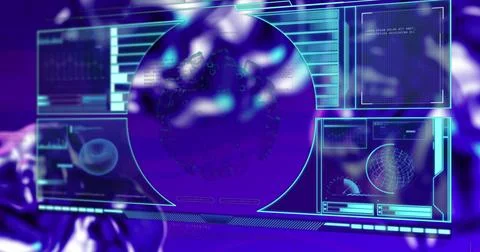Image of covid 19 cell and medical data processing on screens on purple Stockillustratie
