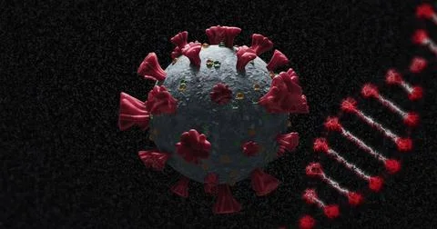 Image of covid 19 cell and dna strand spinning over black background イラスト素材