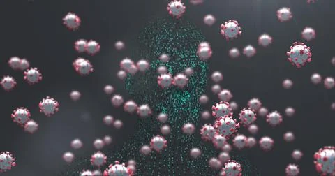 Image of covid 19 cell falling over human body model on dark background Stock Illustration
