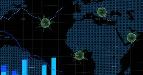 Image of covid 19 cell flying over world map Ilustração Stock