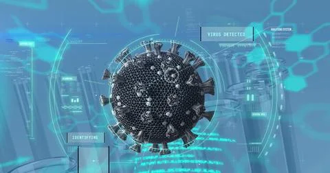 Image of covid 19 cell over medical data processing and test tubes Stock Illustration