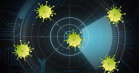 Image of covid 19 cells and scope with computer circuit board and data Illustrazione stock