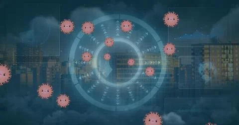 Image of covid 19 cells and scope with cityscape Stock Illustration