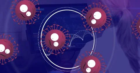 Image of covid 19 cells and scope with dna strand data processing Illustrazione stock