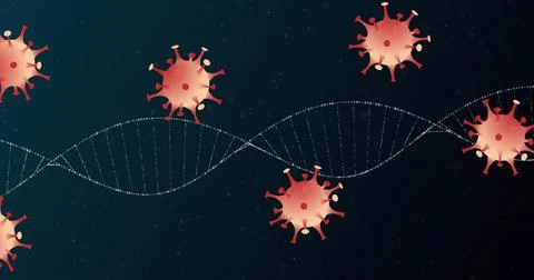 Image of covid 19 cells moving and dna strand spinning 스톡 일러스트