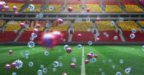 Image of covid 19 cells over spanish flag in empty sports stadium Stock Illustration