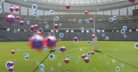 Image of covid 19 cells over empty rugby pitch sports stadium Stock Illustration