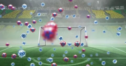 Image of covid 19 cells over brazilian flag in empty sports stadium Stock Illustration