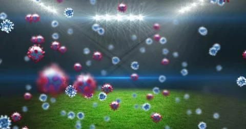 Image of covid 19 cells over empty sports stadium Stock Illustration