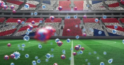 Image of covid 19 cells over british flag in empty sports stadium Stock Illustration