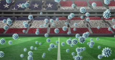 Image of covid 19 cells over american flag in empty sports stadium Stock Illustration