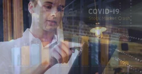 Image of covid 19 data processing and statistics over caucasian man using laptop Stock Photos