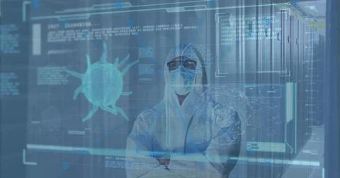 Image of covid 19 virus cell and data processing over man in ppe suit and 스톡 사진