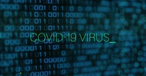 Image of covid 19 virus text in green and interference over binary data イラスト素材