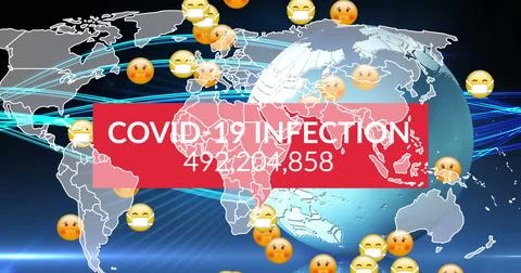 Image of covid data processing over multiple sick emojis with face masks 스톡 일러스트