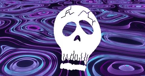 Image of cracked white skull over circular pattern against black background Stock Illustration
