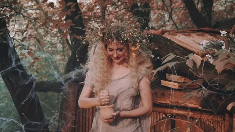 Image of crazy old lady with blond curly hair, mysterious fortune-teller Stock Footage 112743127