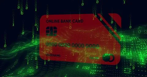 Image of credit card, binary coding and data processing over black background Illustrazione stock