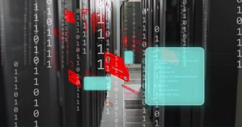 Image of credit cards, binary coding and data processing over computer servers Stock Illustration