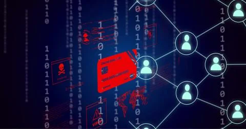 Image of credit cards, binary coding and data processing over dark background 库存照片