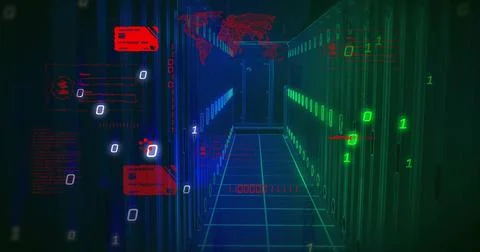 Image of credit cards binary coding and data processing over computer servers Foto stock