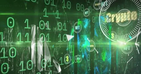 Image of crypto in circle over binary code on green background Stock Illustration