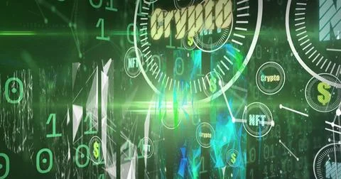 Image of crypto in circle over binary code on green background Stock Illustration