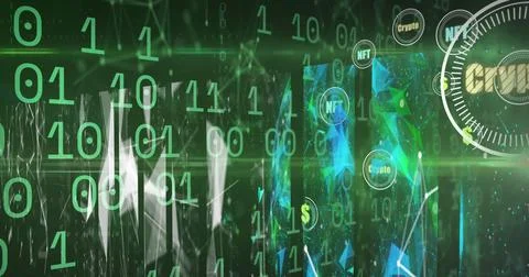 Image of crypto in circle over binary code on green background Stock Illustration