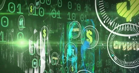 Image of crypto in circle over binary code on green background Stock Illustration