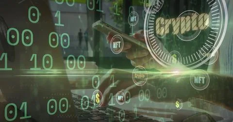 Image of crypto in circles and binary code over hands of caucasian businessman Stock Photos